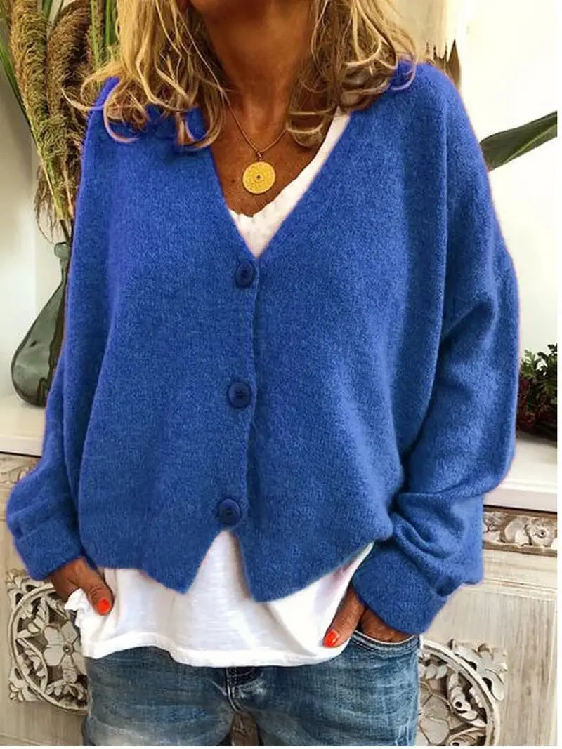 Women Grey Knitted V-Neck Cardigan Sweater - Image 17