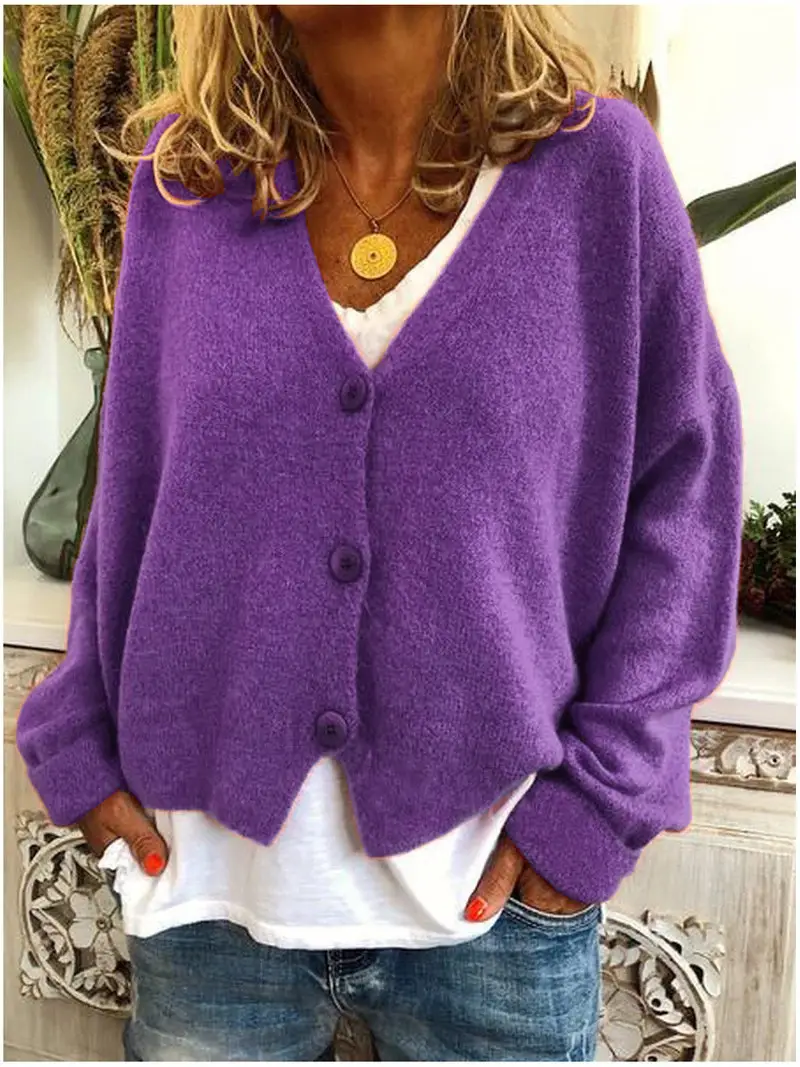 Women Grey Knitted V-Neck Cardigan Sweater - Image 18