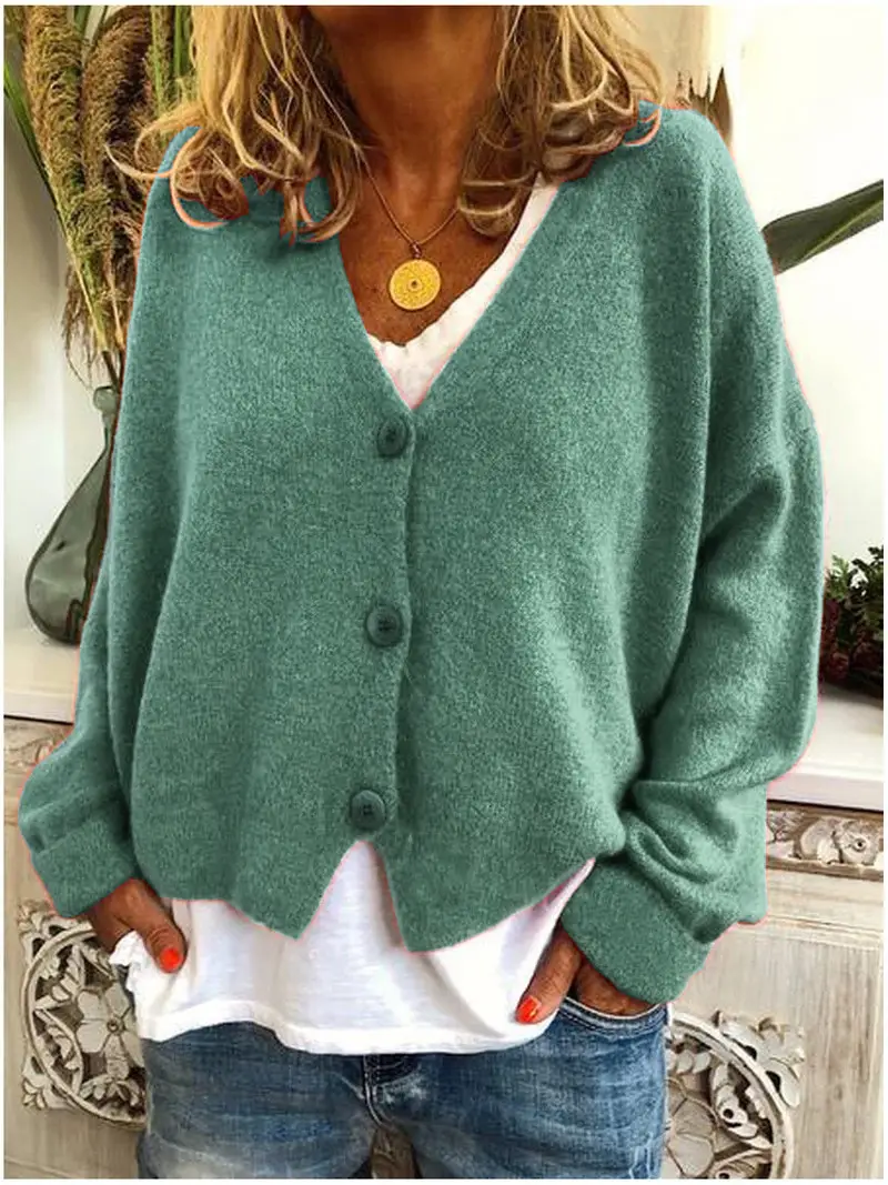Women Grey Knitted V-Neck Cardigan Sweater - Image 19