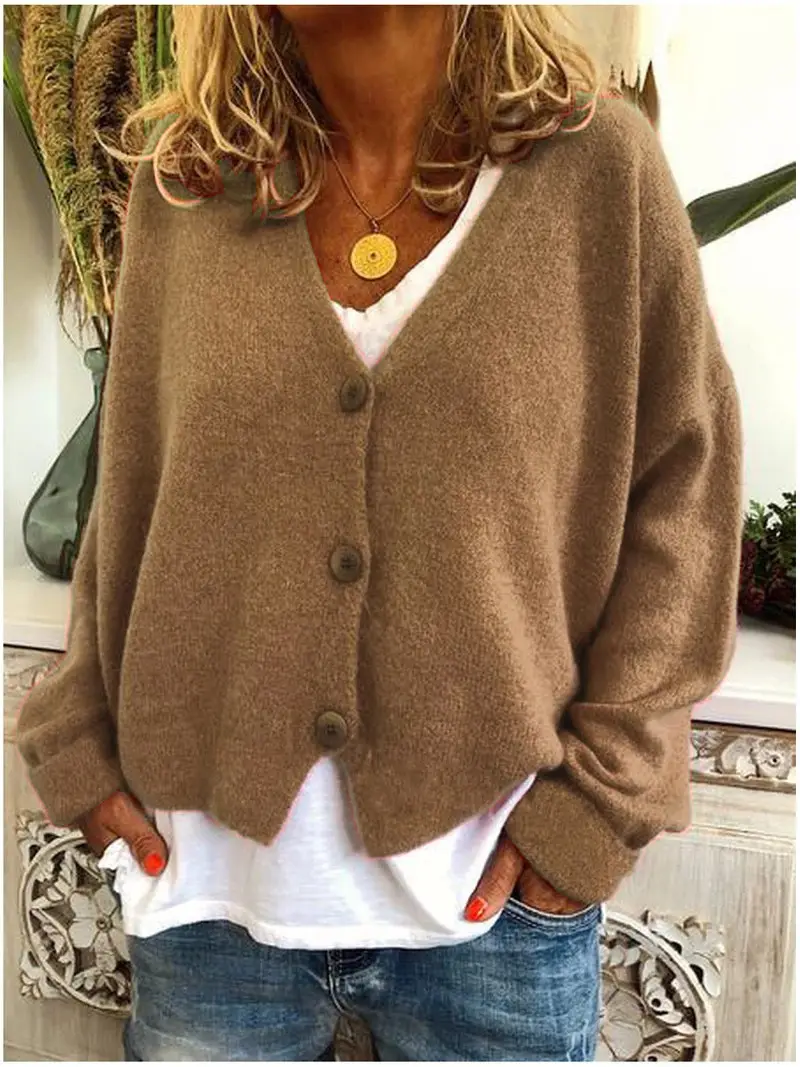 Women Grey Knitted V-Neck Cardigan Sweater - Image 20