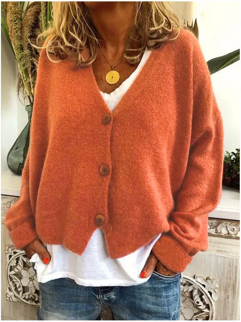 Women Grey Knitted V-Neck Cardigan Sweater - Image 10