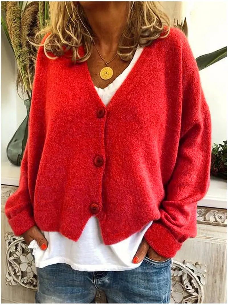 Women Grey Knitted V-Neck Cardigan Sweater - Image 11