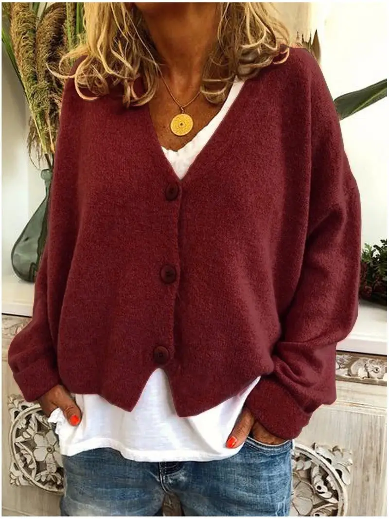 Women Grey Knitted V-Neck Cardigan Sweater - Image 12