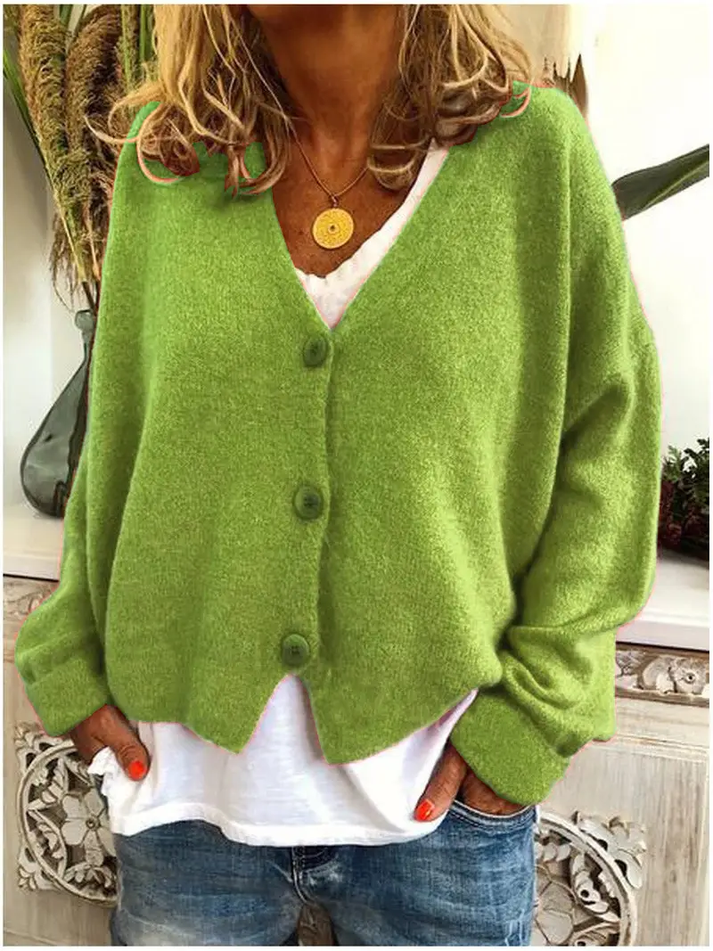 Women Grey Knitted V-Neck Cardigan Sweater - Image 14