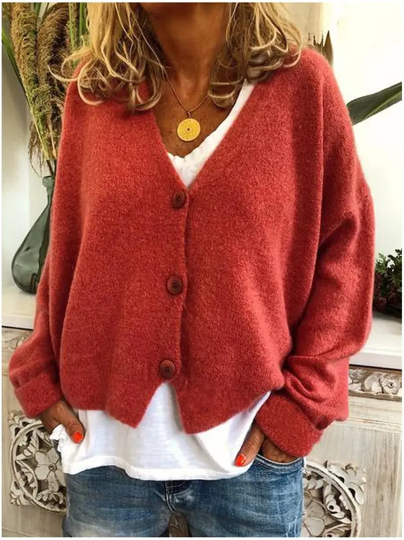 Women Grey Knitted V-Neck Cardigan Sweater - Image 7