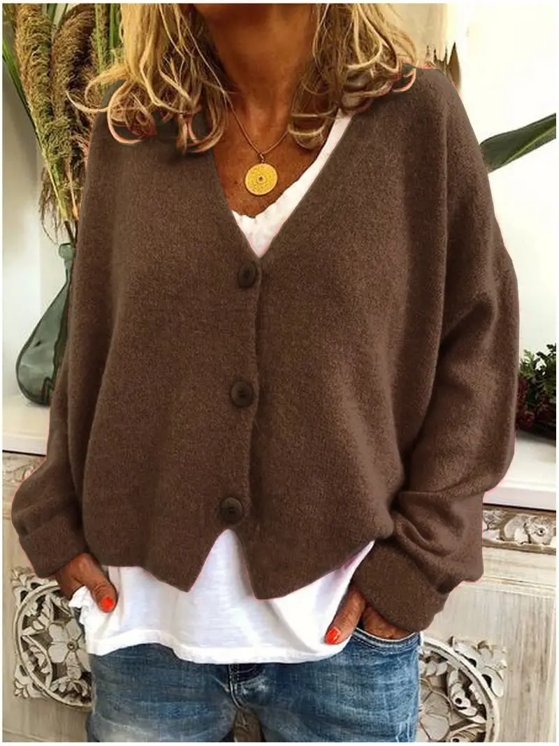 Women Grey Knitted V-Neck Cardigan Sweater - Image 8