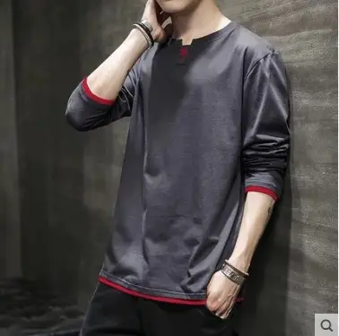 Men Long Sleeve Cotton T-Shirt Beige Q Print - Image 27
