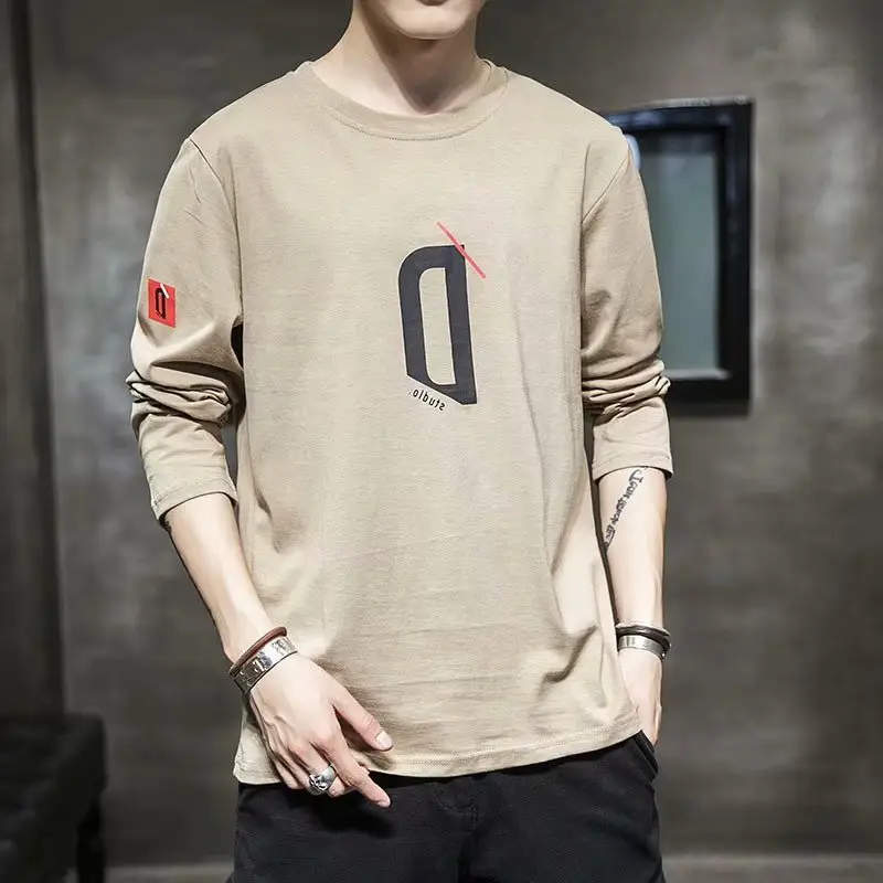 Men Long Sleeve Cotton T-Shirt Beige Q Print - Image 28