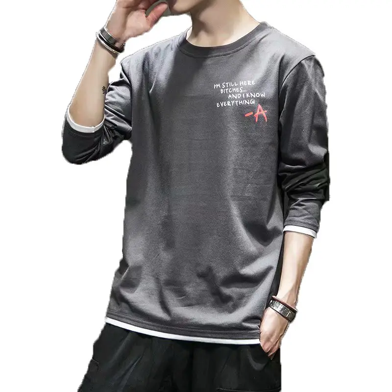 Men Long Sleeve Cotton T-Shirt Beige Q Print - Image 30