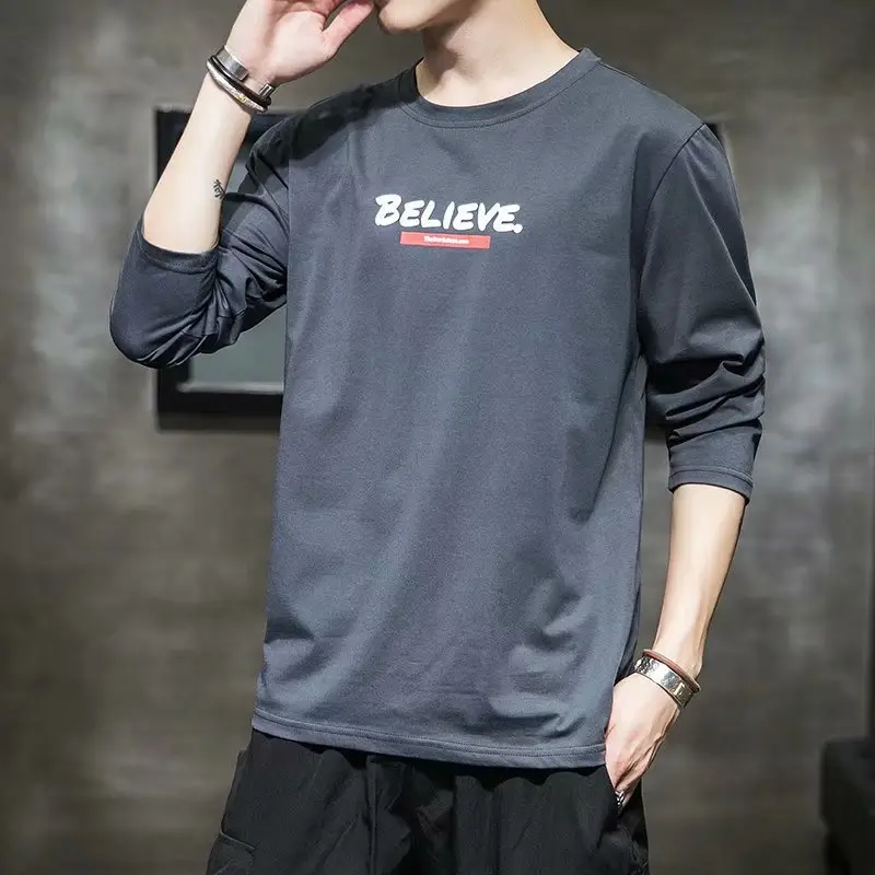 Men Long Sleeve Cotton T-Shirt Beige Q Print - Image 17