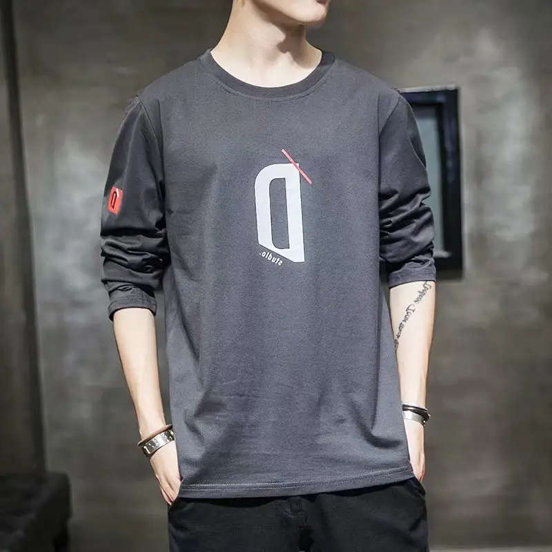 Men Long Sleeve Cotton T-Shirt Beige Q Print - Image 24