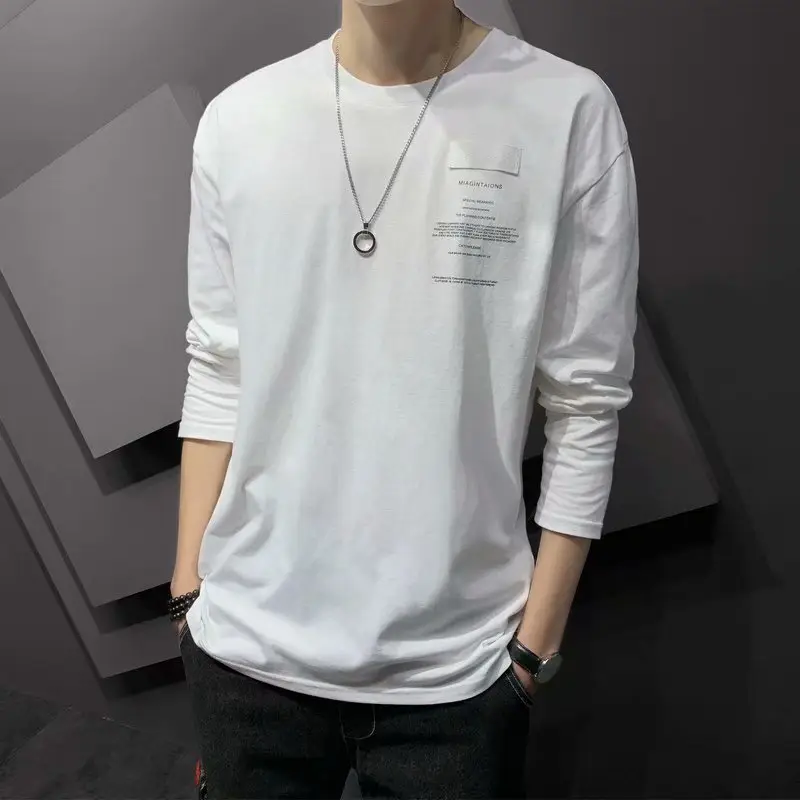 Men Long Sleeve Cotton T-Shirt Beige Q Print - Image 7