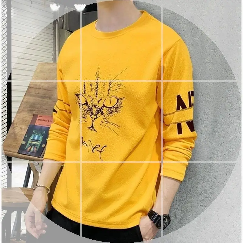 Men Long Sleeve Yellow T-Shirt with Tree Print Large Size - Image 14