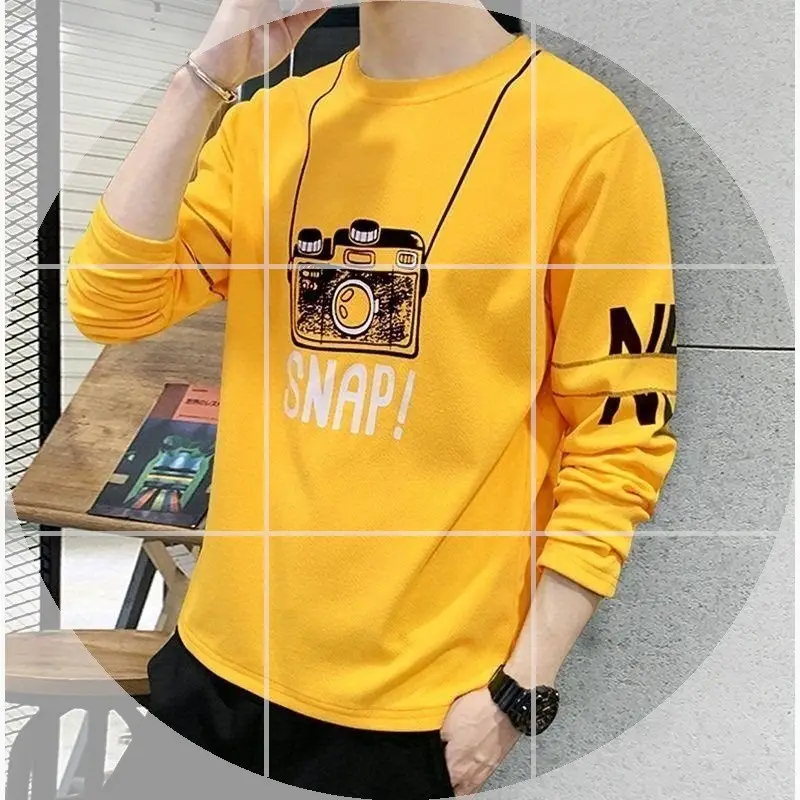 Men Long Sleeve Yellow T-Shirt with Tree Print Large Size - Image 6