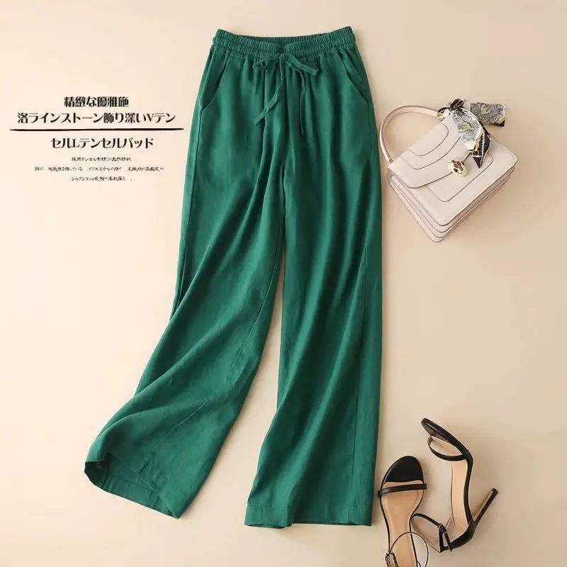 Women's White Elastic Waist Wide Leg Pants Casual Summer - Image 2