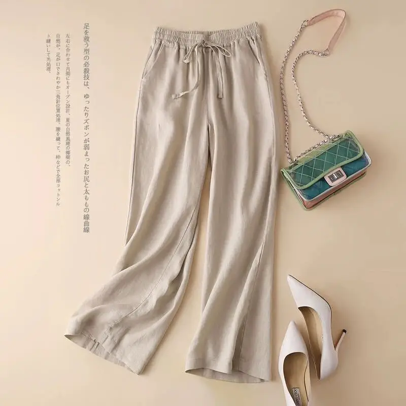 Women's White Elastic Waist Wide Leg Pants Casual Summer - Image 3