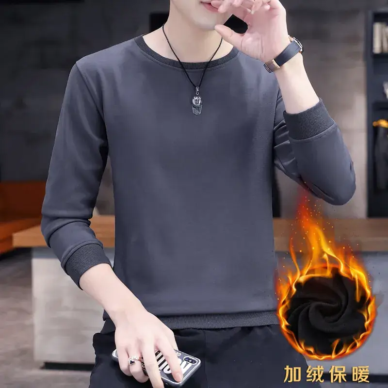 Men Fleece Lined Crewneck Sweater Black Plus Large - Image 6