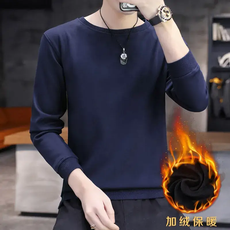 Men Fleece Lined Crewneck Sweater Black Plus Large - Image 7