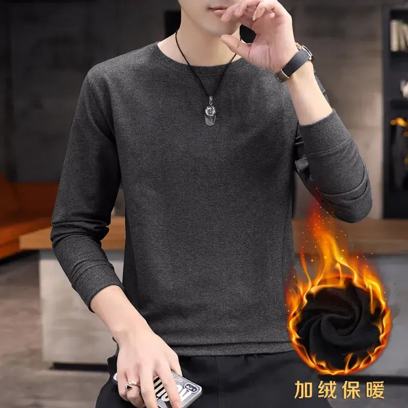 Men Fleece Lined Crewneck Sweater Black Plus Large - Image 8