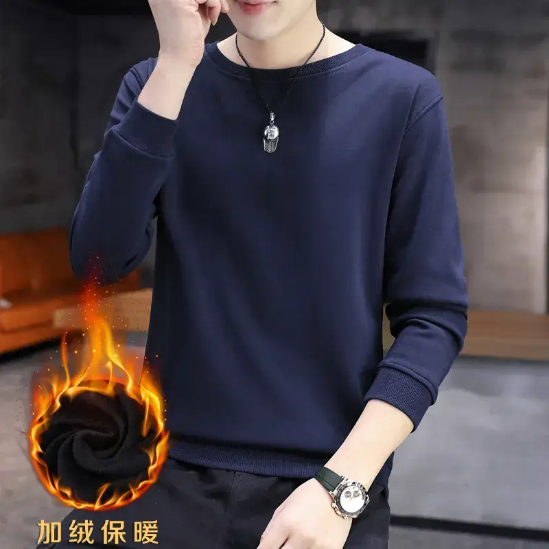 Men Fleece Lined Crewneck Sweater Black Plus Large - Image 2