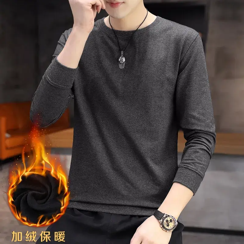 Men Fleece Lined Crewneck Sweater Black Plus Large - Image 3