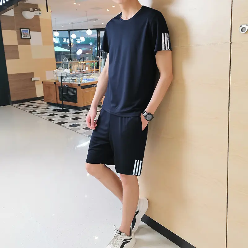 Men Black Sportswear Set Large Quick-Drying T-Shirt Shorts