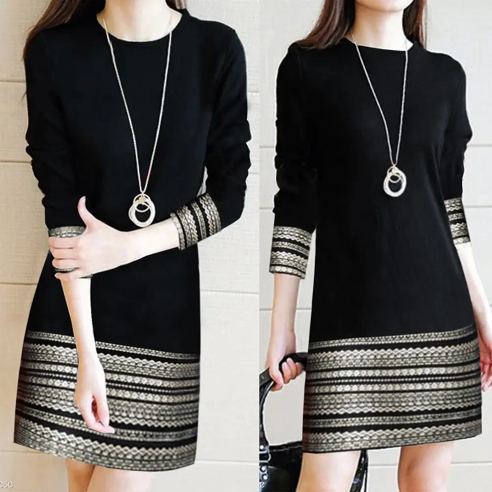 Black Embroidered Long Sleeve A-Shaped Dress for Women - Image 2