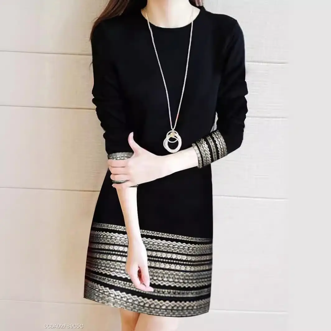 Black Embroidered Long Sleeve A-Shaped Dress for Women - Image 3