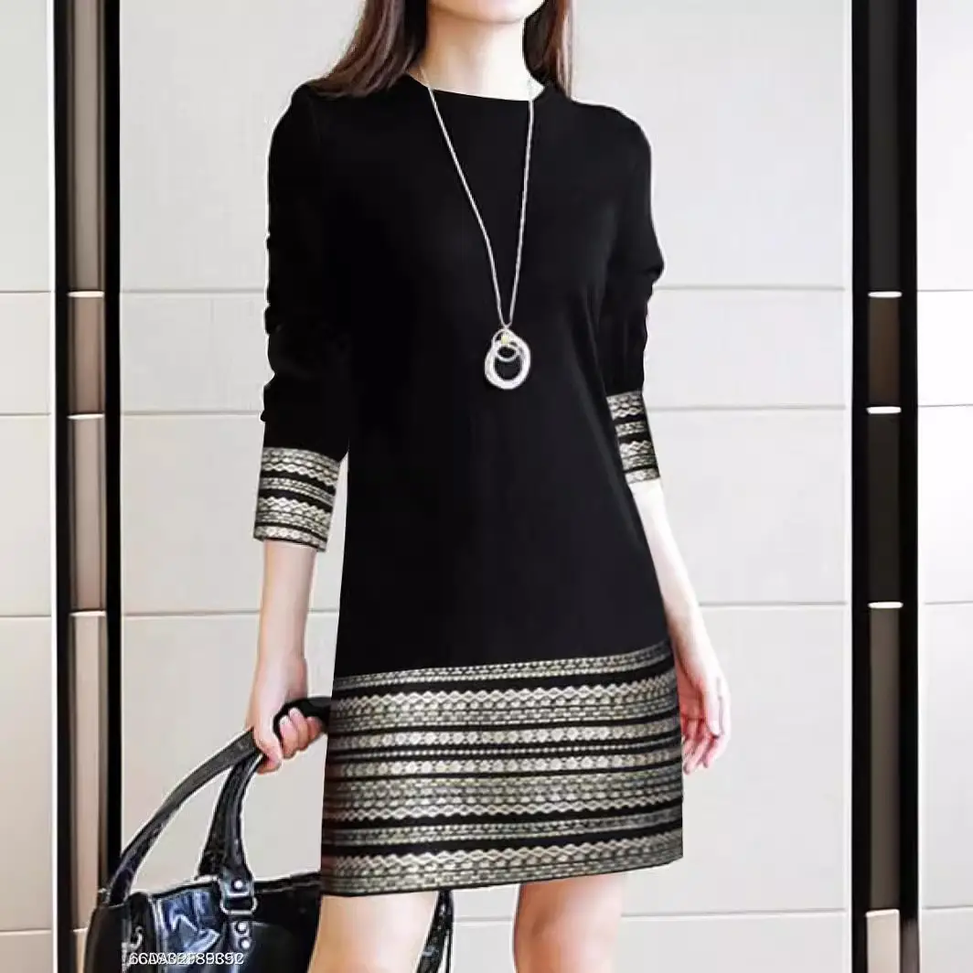 Black Embroidered Long Sleeve A-Shaped Dress for Women - Image 4