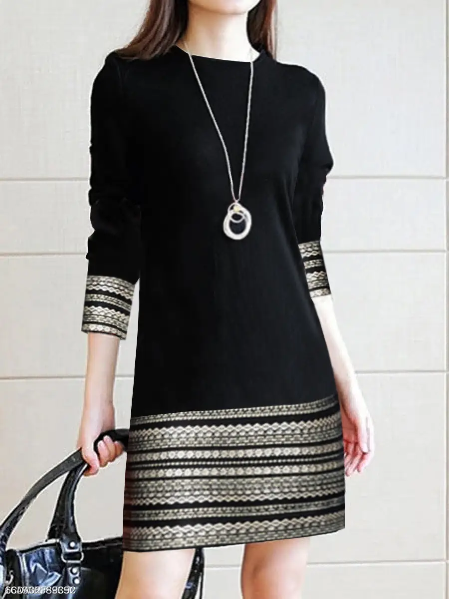 Black Embroidered Long Sleeve A-Shaped Dress for Women — feature 4