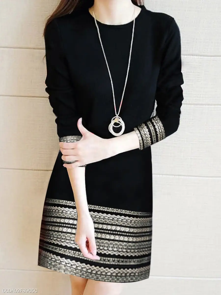 Black Embroidered Long Sleeve A-Shaped Dress for Women — feature 5