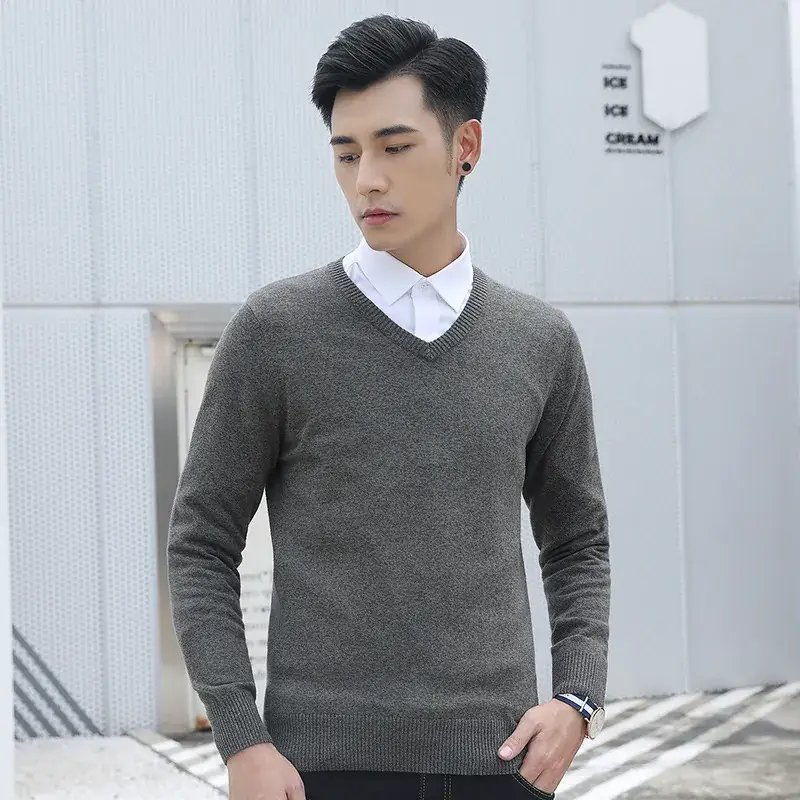 Men V-neck Knit V-Neck Sweater Grey Slim Fit - Image 5