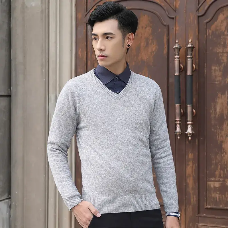 Men V-neck Knit V-Neck Sweater Grey Slim Fit - Image 6