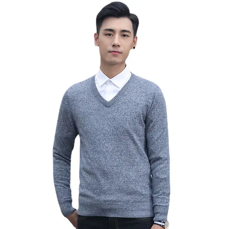 Men V-neck Knit V-Neck Sweater Grey Slim Fit - Image 8