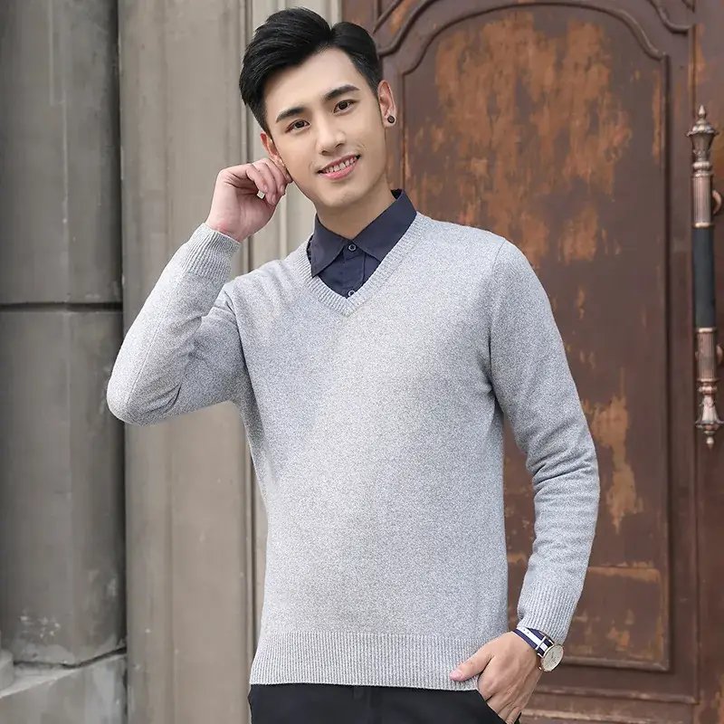 Men V-neck Knit V-Neck Sweater Grey Slim Fit - Image 2