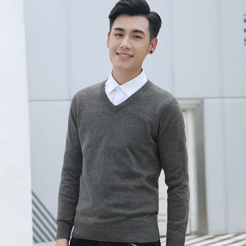 Men V-neck Knit V-Neck Sweater Grey Slim Fit - Image 3