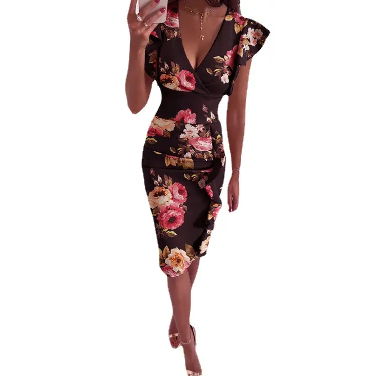 2025 Hot Summer V Neck Slim Waist Smocked Ruffled Hip Dress - Image 17