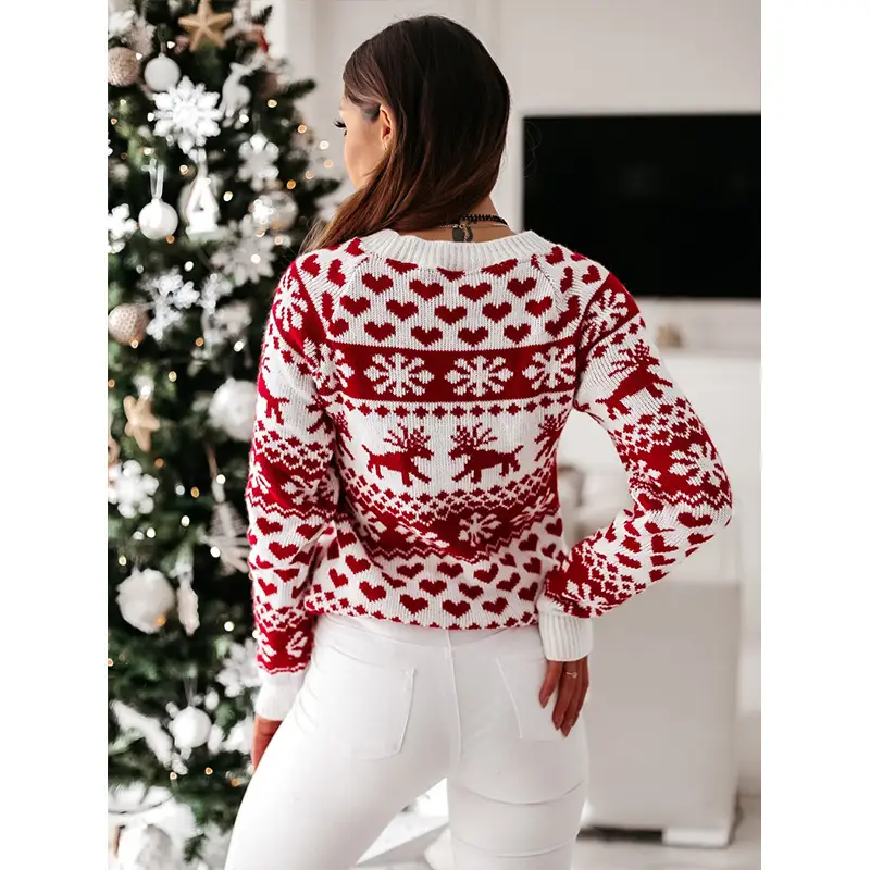 2024 Knitted Wool Sweater Red White Elk Pattern Women - Image 7