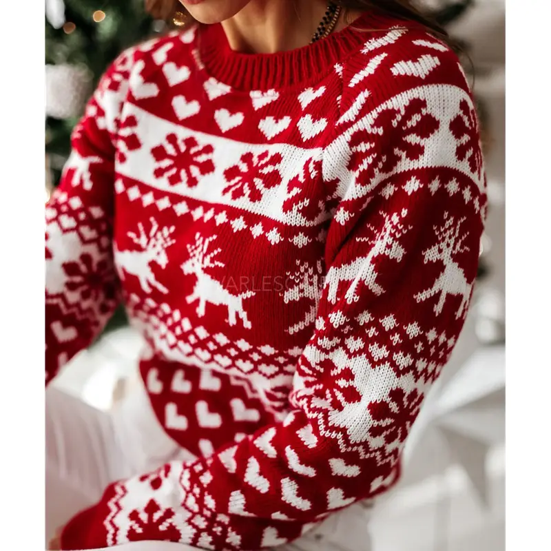 2024 Knitted Wool Sweater Red White Elk Pattern Women - Image 2