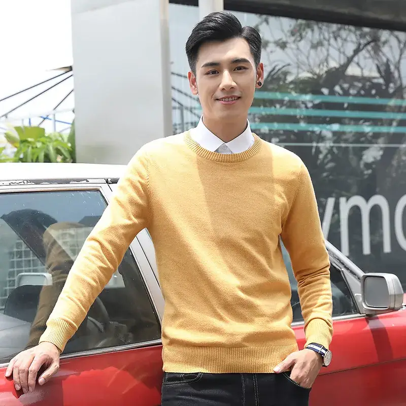 Men Round Neck Pullover Sweater Yellow Winter Casual Business Wear - Image 3