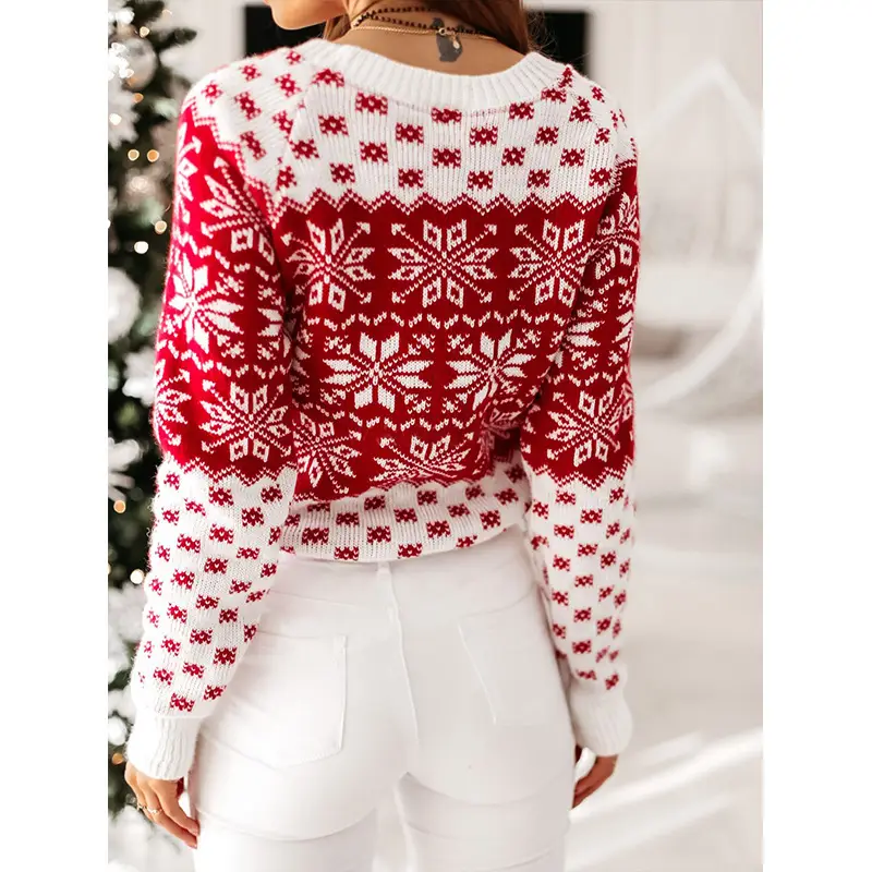 2024 Knitted Snowflake Sweater Women Red White - Image 5