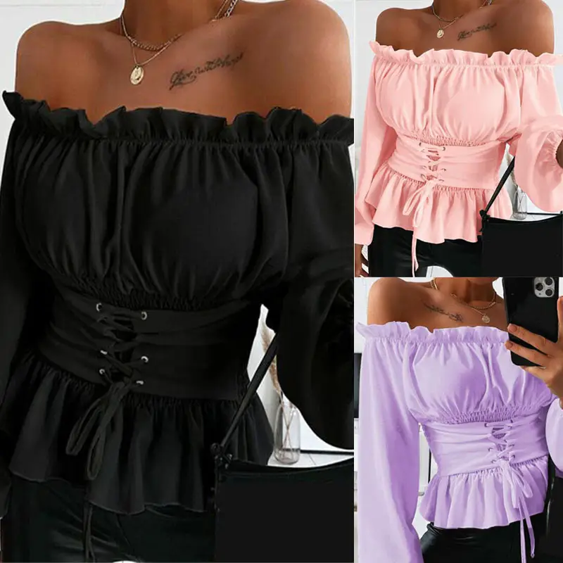 2024 Off-Shoulder Ruffled Women's Long Sleeve Shirt Black - Image 3