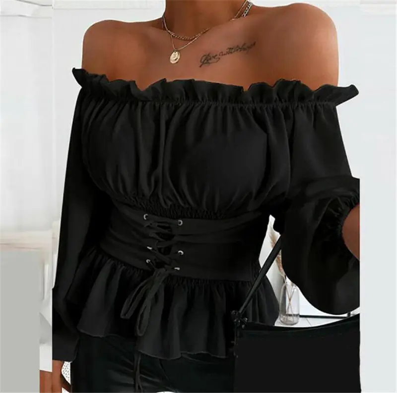 2024 Off-Shoulder Ruffled Women's Long Sleeve Shirt Black - Image 5