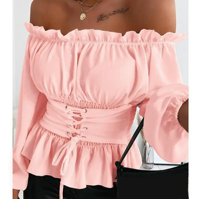 2024 Off-Shoulder Ruffled Women's Long Sleeve Shirt Black - Image 6