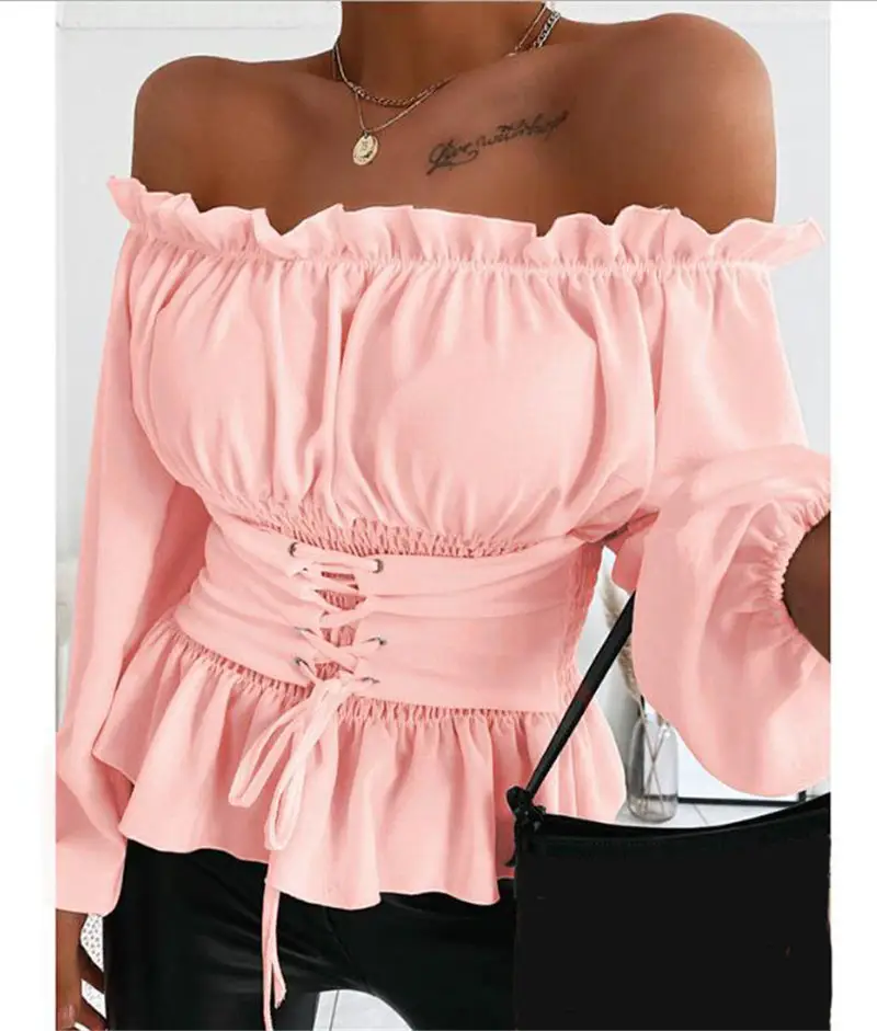2024 Off-Shoulder Ruffled Women's Long Sleeve Shirt Black - Image 2