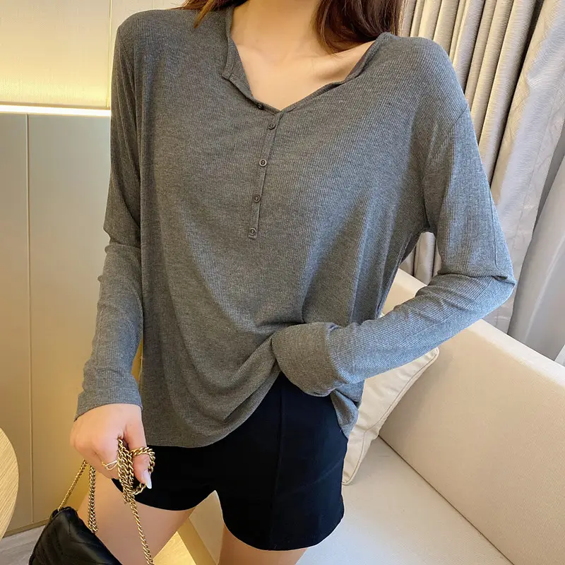 Women Long Sleeve Cotton Shirt Grey Plus Size Loose Fit - Image 3