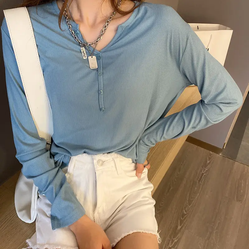Women Long Sleeve Cotton Shirt Grey Plus Size Loose Fit - Image 4