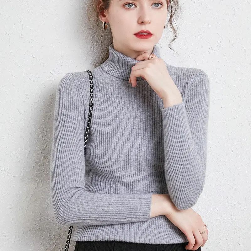 Women's Black High Collar Slim Ribbed Knit Sweater - Image 4
