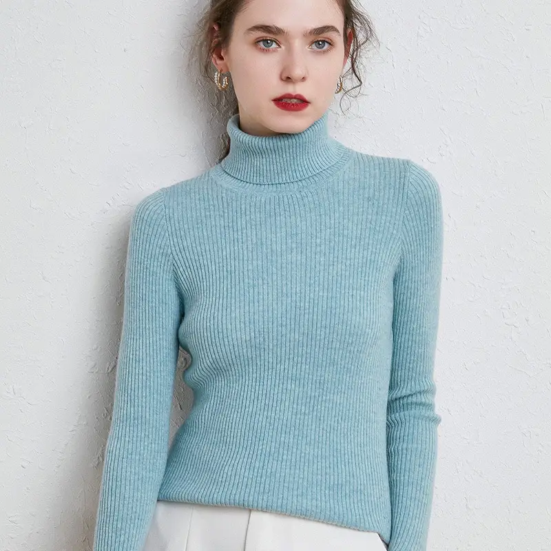 Women's Black High Collar Slim Ribbed Knit Sweater - Image 10