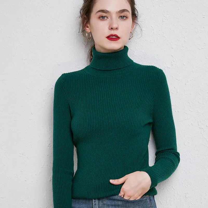 Women's Black High Collar Slim Ribbed Knit Sweater - Image 13